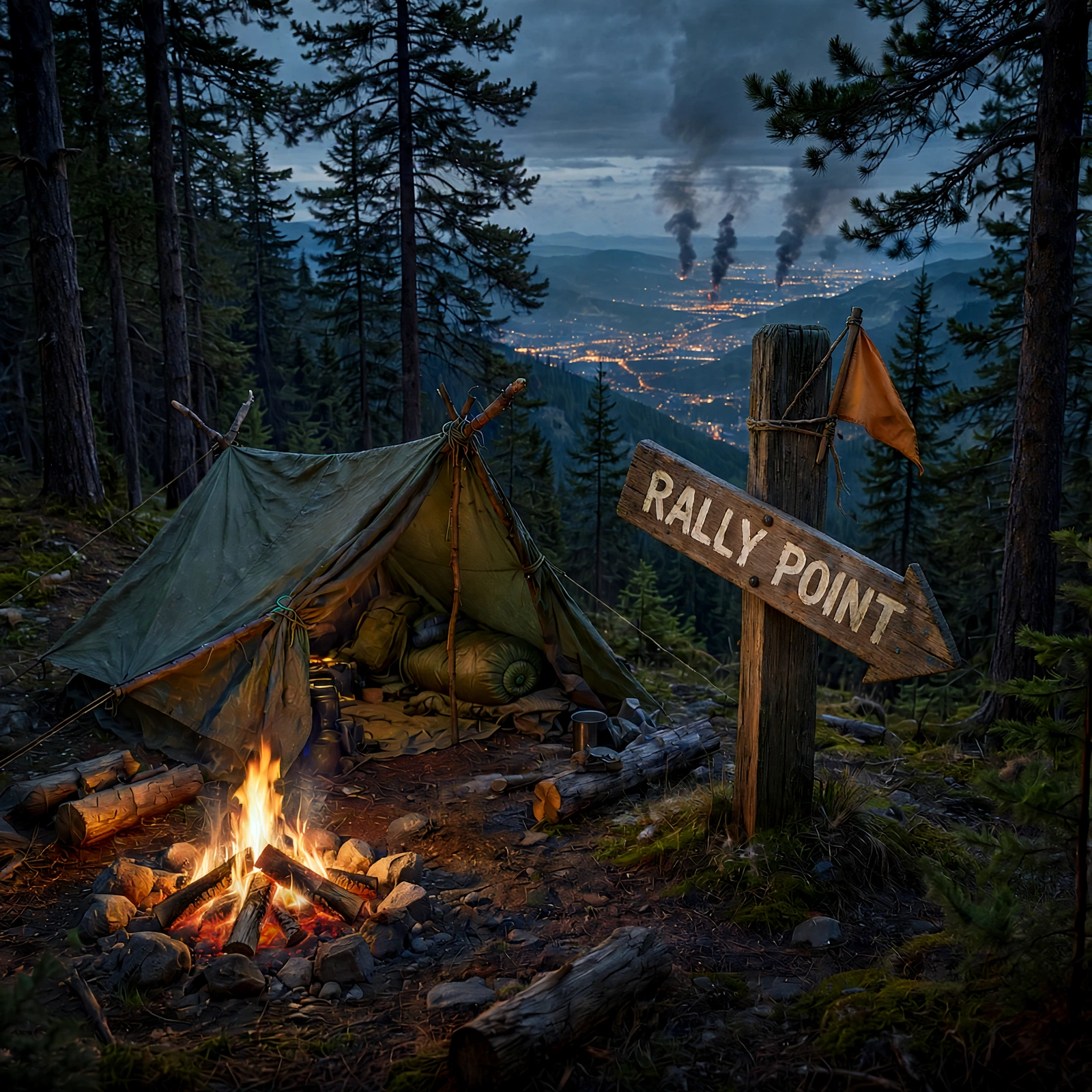 Rally Point — first-night camp, city smoking in the valley below